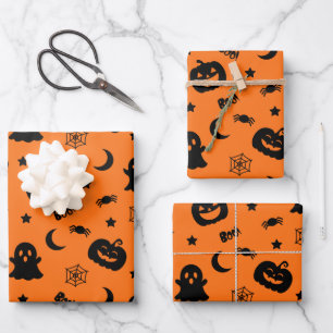 Ghost Pumpkin Spider Moon Orange Halloween Pattern Wrapping Paper Sheets