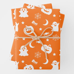 Ghost Pumpkin Spider Moon Orange Halloween Pattern Wrapping Paper Sheets