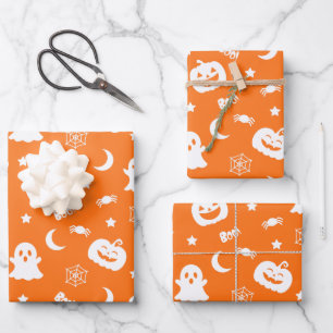 Ghost Pumpkin Spider Moon Orange Halloween Pattern Wrapping Paper Sheets
