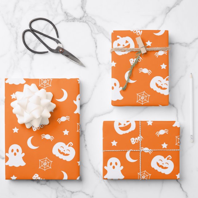 Ghost Pumpkin Spider Moon Orange Halloween Pattern Wrapping Paper Sheets (Front)