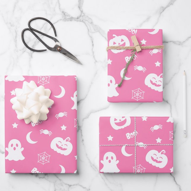 Ghost Pumpkin Spider Moon Pink Halloween Pattern Wrapping Paper Sheets (Front)