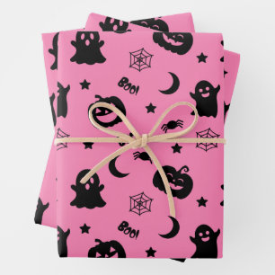 Ghost Pumpkin Spider Moon Pink Halloween Pattern Wrapping Paper Sheets