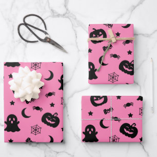 Ghost Pumpkin Spider Moon Pink Halloween Pattern Wrapping Paper Sheets