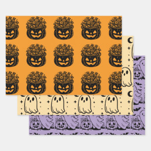 Ghost Pumpkins and Bats Halloween Variety Wrapping Paper Sheets
