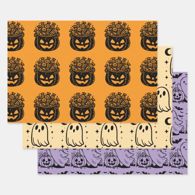 Ghost Pumpkins and Bats Halloween Variety Wrapping Paper Sheets (Set)