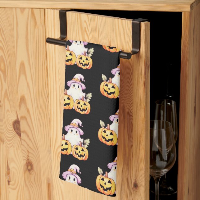 Ghost Purple Witches Hat Pumpkin Pattern Halloween Kitchen Towel (Thirds Fold)