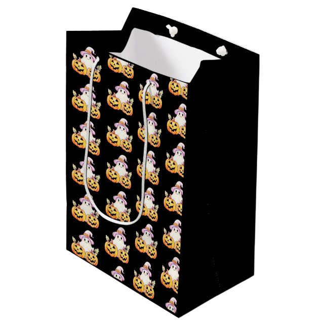 Ghost Purple Witches Hat Pumpkin Pattern Halloween Medium Gift Bag (Front Angled)