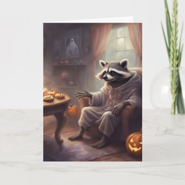 Ghost Raccoon Halloween fun greeting card (Front)