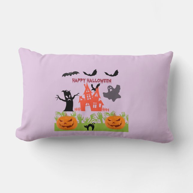 Ghost/Raven Soaring Above Haunted Mansion Lumbar Pillow (Front)