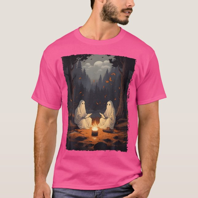 Ghost Reading Book Camping Campfire Halloween Spoo T-Shirt (Front)