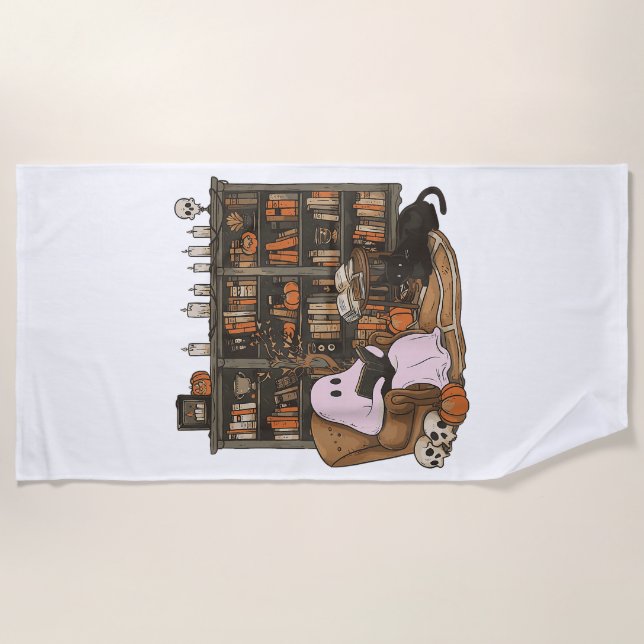 Ghost Reading Book Cat lover Halloween  Beach Towel (Front)