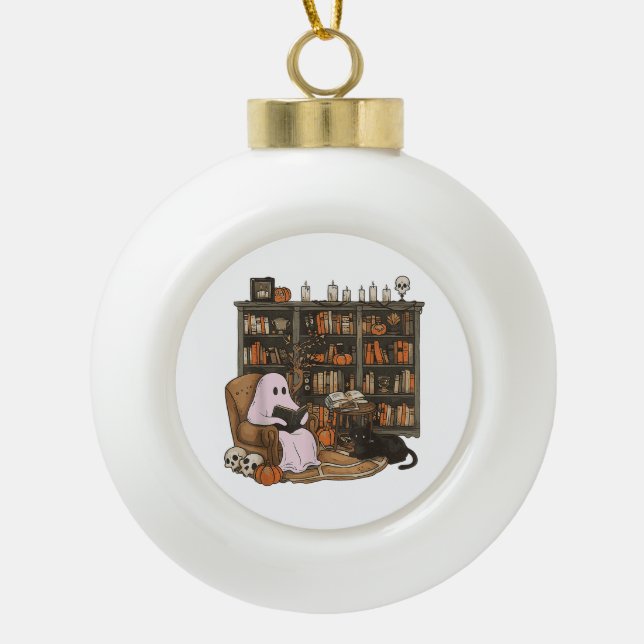Ghost Reading Book Cat lover Halloween  Ceramic Ball Christmas Ornament (Front)