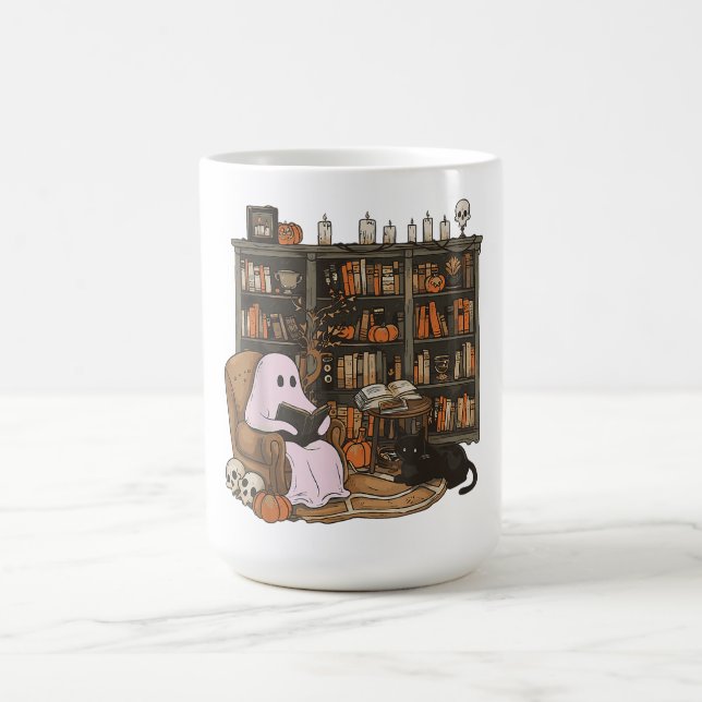Ghost Reading Book Cat lover Halloween  Coffee Mug (Center)