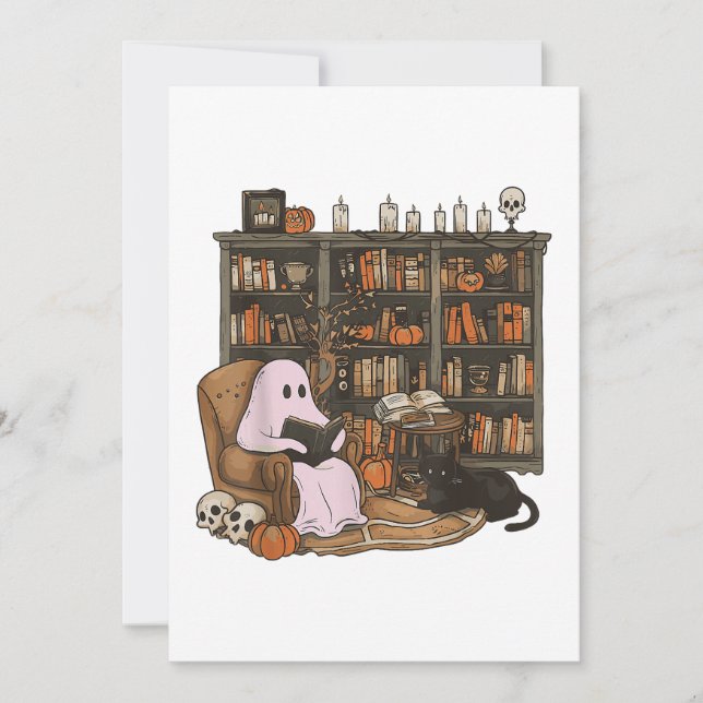 Ghost Reading Book Cat lover Halloween  Invitation (Front)