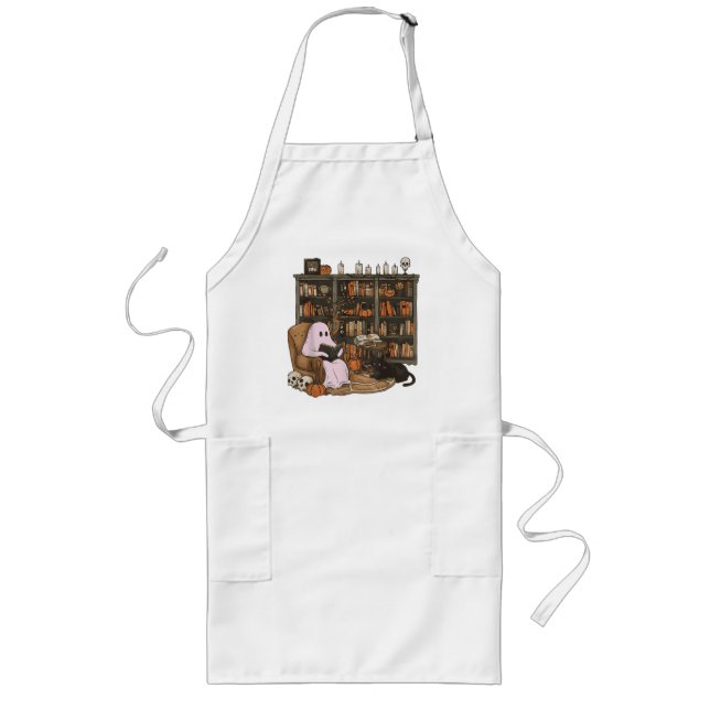Ghost Reading Book Cat lover Halloween  Long Apron (Front)