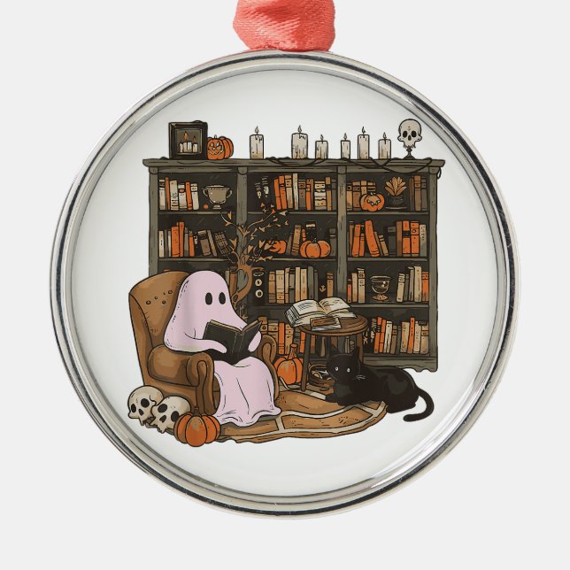 Ghost Reading Book Cat lover Halloween  Metal Ornament (Front)