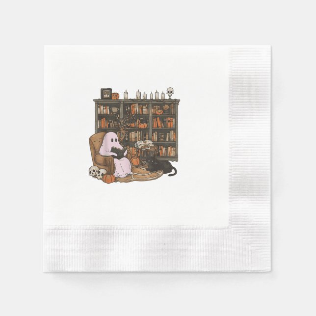 Ghost Reading Book Cat lover Halloween  Napkins (Front)
