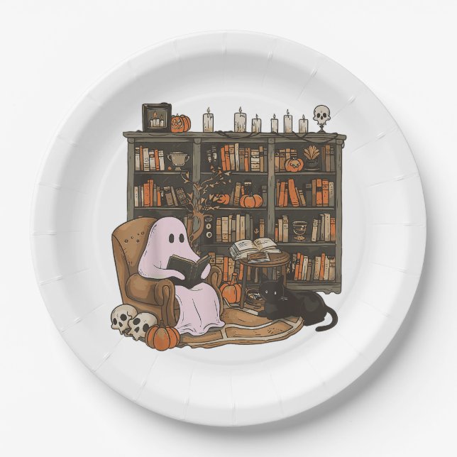Ghost Reading Book Cat lover Halloween  Paper Plates (Front)