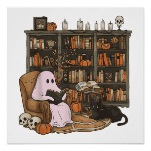 Ghost Reading Book Cat lover Halloween Poster