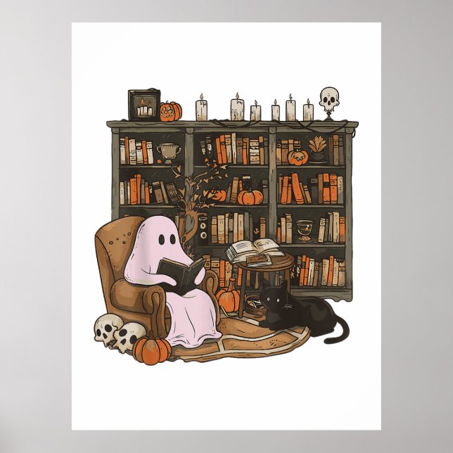 Ghost Reading Book Cat lover Halloween  Poster (Front)