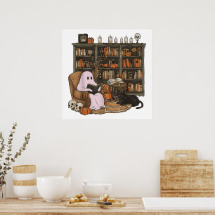 Ghost Reading Book Cat lover Halloween Poster