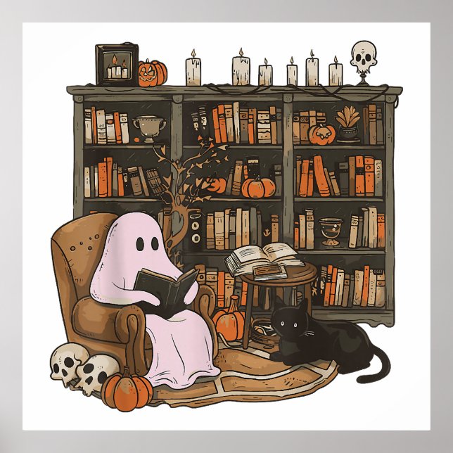 Ghost Reading Book Cat lover Halloween  Poster (Front)