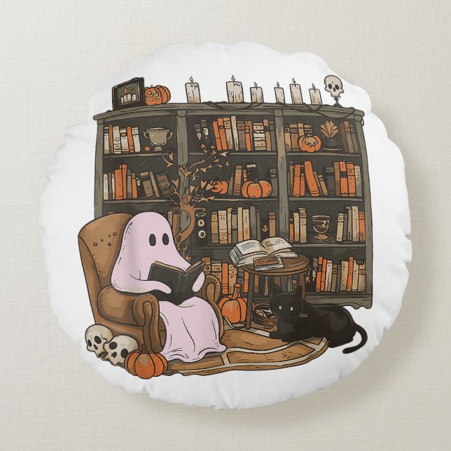 Ghost Reading Book Cat lover Halloween  Round Pillow (Front)