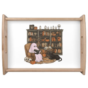Ghost Reading Book Cat lover Halloween Serving Tray