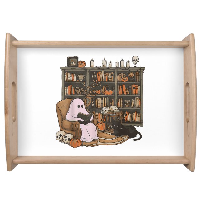 Ghost Reading Book Cat lover Halloween  Serving Tray (Front)