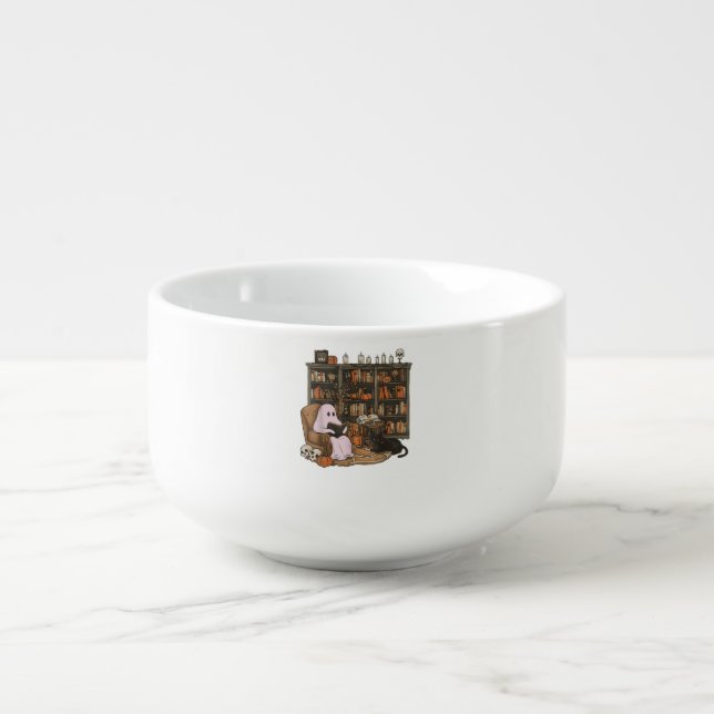Ghost Reading Book Cat lover Halloween  Soup Mug (Front)