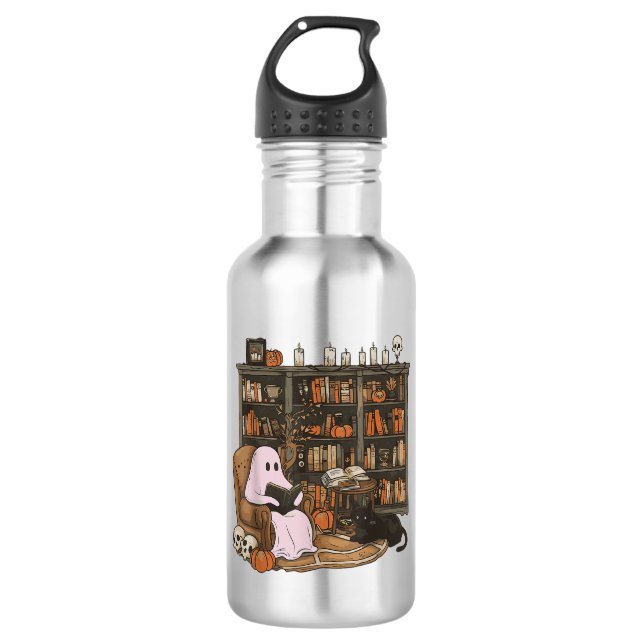Ghost Reading Book Cat lover Halloween  Stainless Steel Water Bottle (Front)