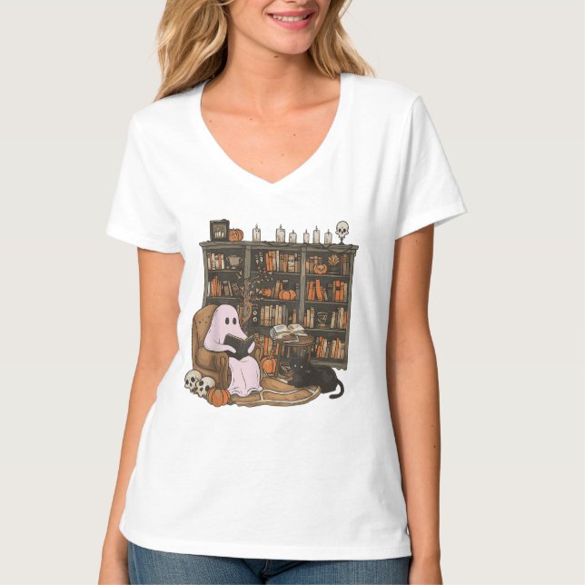 Ghost Reading Book Cat lover Halloween  T-Shirt (Front)