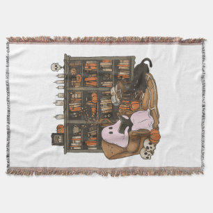Ghost Reading Book Cat lover Halloween  Throw Blanket