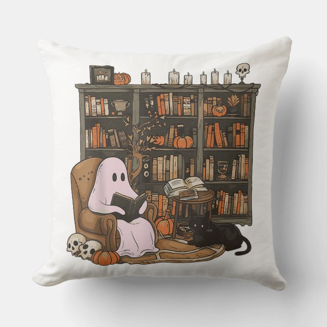 Ghost Reading Book Cat lover Halloween  Throw Pillow (Front)
