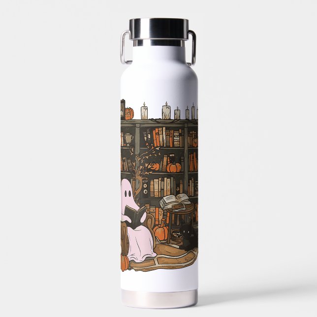 Ghost Reading Book Cat lover Halloween  Water Bottle (Front)