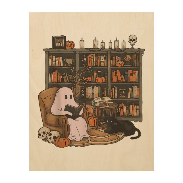 Ghost Reading Book Cat lover Halloween  Wood Wall Art (Front)