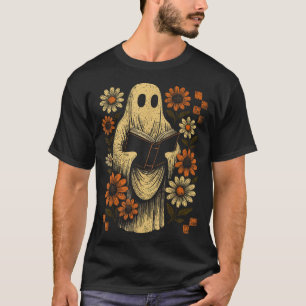 Ghost Reading Book Halloween Floral Library Spooky T-Shirt