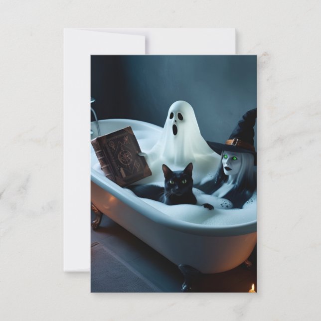 Ghost Reading Book in Bathtub, and Black Cat Bubbl Save The Date (Front)