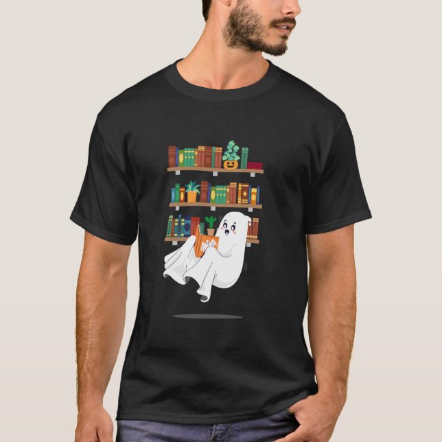 Ghost Reading Book Librarian Bookworm Teacher Boo  T-Shirt (Front)