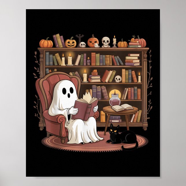 Ghost Reading Book Lovers Halloween Spooky Library Poster (Front)