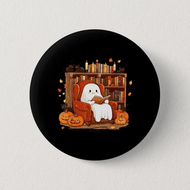 Ghost Reading Book With Black Cat Cute Halloween Button (Front)