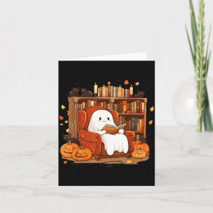 Ghost Reading Book With Black Cat Cute Halloween Card