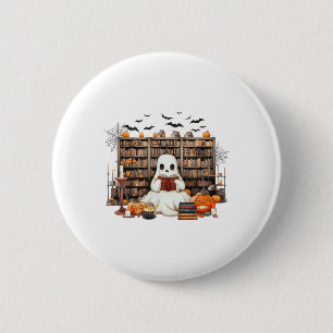 Ghost Reading Books Bookish Teacher Halloween Cost Button
