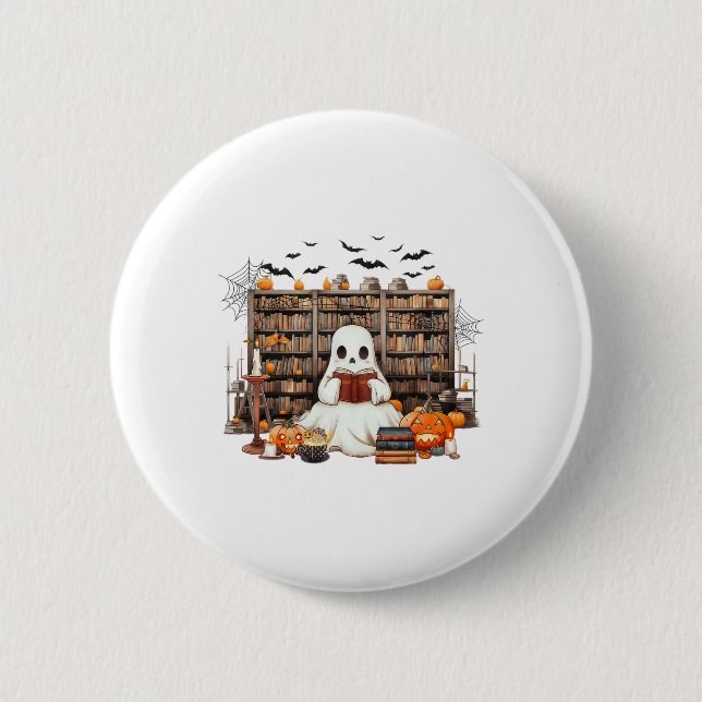 Ghost Reading Books Bookish Teacher Halloween Cost Button (Front)