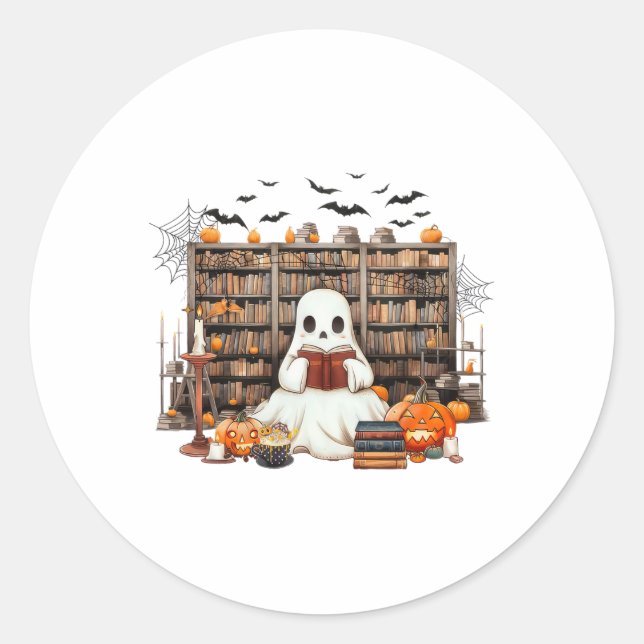 Ghost Reading Books Bookish Teacher Halloween Cost Classic Round Sticker (Front)