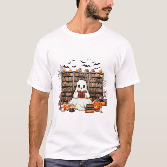 Ghost Reading Books Bookish Teacher Halloween Cost T-Shirt (Front)