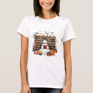 Ghost Reading Books Bookish Teacher Halloween Cost T-Shirt