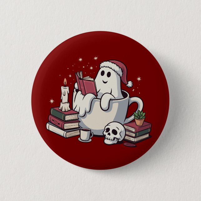 Ghost Reading Books Christmas Teacher Bookworm  Button (Front)