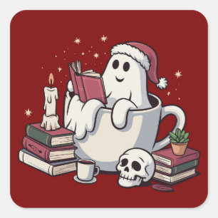 Ghost Reading Books Christmas Teacher Bookworm Square Sticker