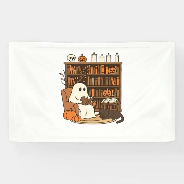 Ghost Reading in Cozy Halloween Library Classic T- Banner (Horizontal)